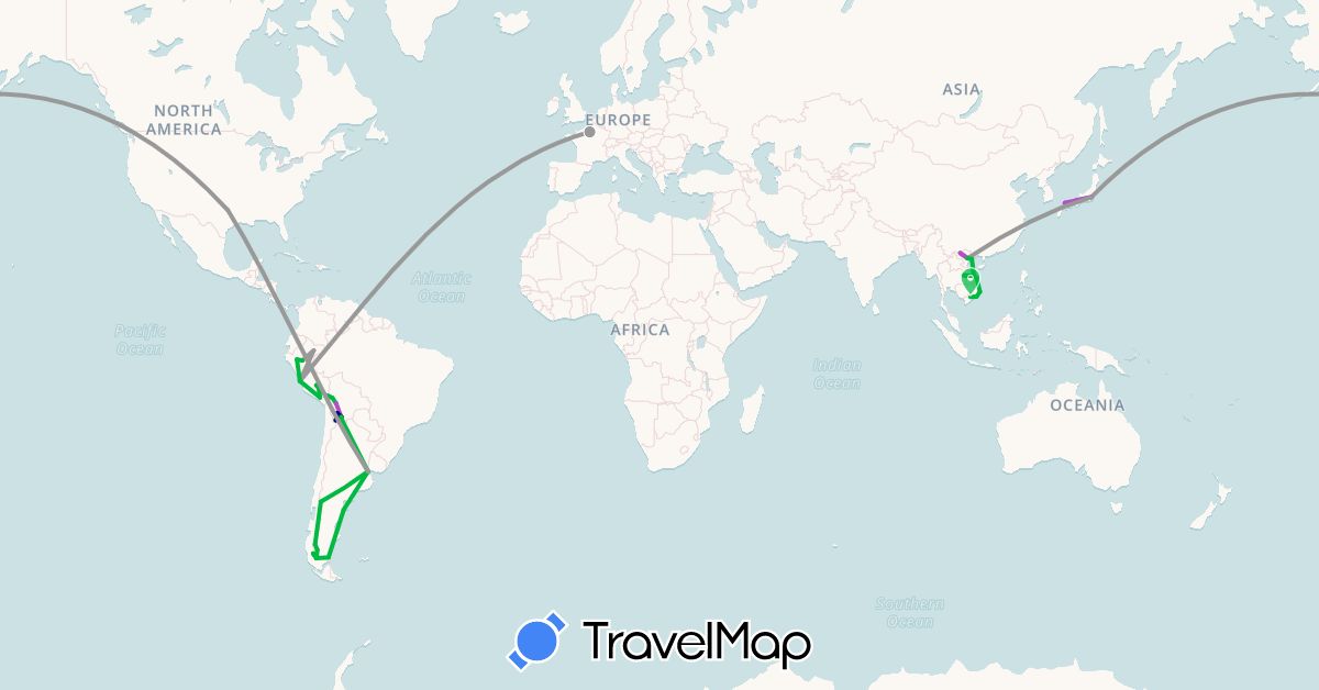 TravelMap itinerary: driving, bus, plane, train, boat in Argentina, Bolivia, Chile, France, Japan, Laos, Peru, United States, Vietnam (Asia, Europe, North America, South America)